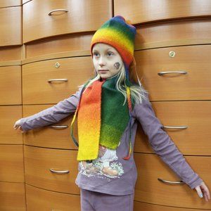 WINTER WOOL HAT SCARF RAINBOW SET GIFT FOR KIDS
